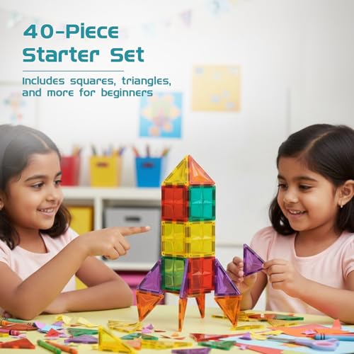 Image of Amazon Brand - Jam & Honey Magnetic Tiles Building Blocks for Kids | 40 Pcs Geometric Builder Set | STEM Learning & Creative Construction Toy | Brain Development & Educational Play | Durable MABS Plastic with Strong Magnets | Multiple Geometric Shapes Included | Ages 3+ Years | Multicolour | Product Dimensions: 24.5 x 16.5 x 6.5 cm