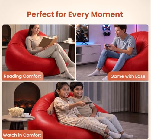Image of Sattva Classic 2XL Bean Bag Chair with Beans Filled | Faux Leather Sofa Style Bin Bags Chair with Beans Filling | Comfort Beam Bag Sofa for Adults & Teens, Living Room & Office - Red