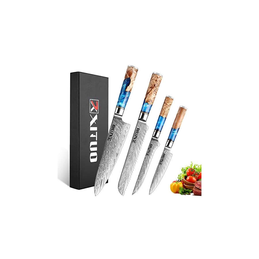 Kitchen-Chef-Knife-Set-5-Piece-8-Chef-Knife-75-Bread-Knife-7Santoku-knife-Damascus-Steel-VG10-Blue-Resin-Wood-Handle-Gift-Box-wknife-Sheath-4PC-Chef-Knife-Set XT XITUO Kitchen Chef Knife Set 5 Piece, 8'' Chef Knife, 7.5'' Bread Knife, 7''Santoku knife Damascus Steel-VG10 Blue Resin Wood Handle -Gift Box - w/knife Sheath (4PC Chef Knife Set)