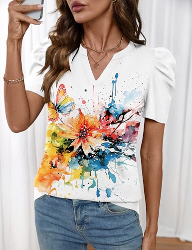 Image of LOMON Spring Summer Tops for Women 2026 V Neck Puff Short Sleeve Tops Fashion Trendy Work Blouses Dressy Casual S-XXL