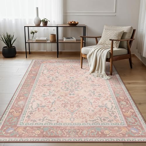 GENIMO Alfombra Persa Rosa para Salón, Alfombras Lavable y Antideslizante, Vintage de Pelo Corto para Dormitorio, Pasillo o Comedor, Decoración Moderna, 120X170CM, Rosa