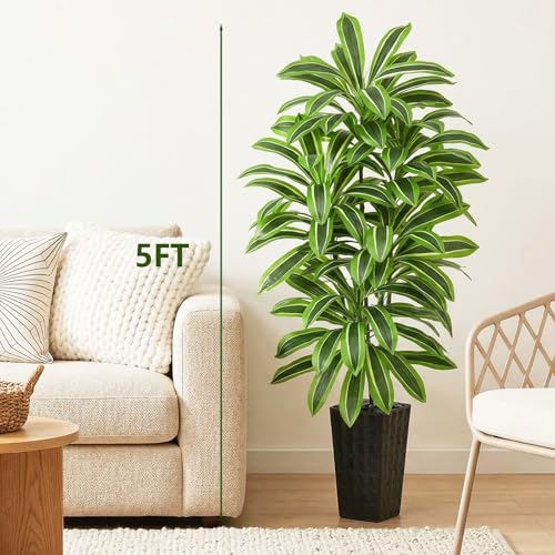 Image of Artificial Yellow Dracaena Tree Indoor, 5FT Tall Fake Floor Plants with Black Planter & Pebbles, Faux Silk Yucca Tree for Home Office Living Room Bedroom Farmhouse Modern Outdoor Topiary Tree