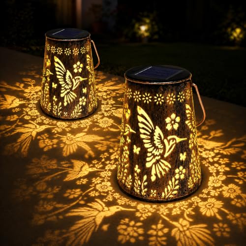 Lanterne solaire exterieur 2 lampions retro en metal etanche IP65 motif colibri