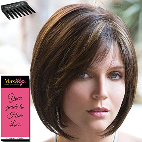Jolie Wig Color Toasted Brown - Short Modern Bob Monofilament Top Synthetic Side Part Bundle w/Comb, MaxWigs Hairloss Booklet