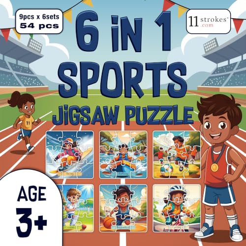Image of 11 Strokes 6 in 1 Sports Jigsaw Puzzle for Kids Age 3+ | 54 Pieces | Cricket Football Tennis Badminton Swimming Cycling | Premium MDF | Educational Toy