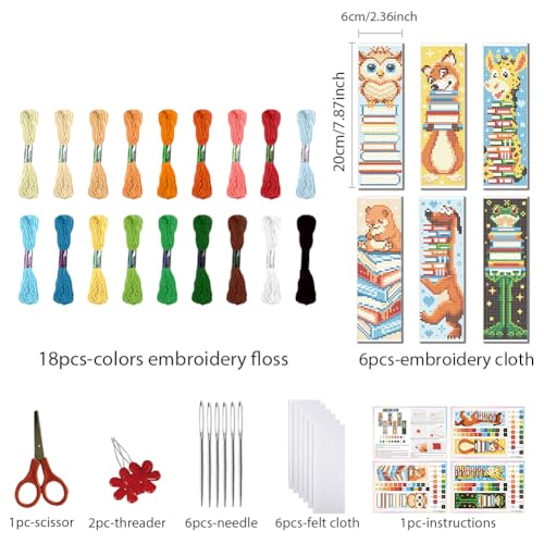 Image of FREEBLOSS 6 Set Cross Stitch Bookmark Kit 11 CT Stamped Cross Stitch Kit DIY Embroidery Bookmark Kits for Adult Beginners with Instructions, Animal Books, 6 x 20 cm /8 inch x 2.4 inch
