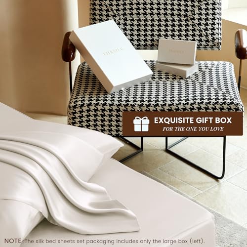 THXSILK Luxury Mulberry Silk Bed Sheets Set - 4pcs Silk Sheets Set 16" Deep Pocket - 1 Fitted Sheet, 1 Flat Sheet, 2 Pillowcases with Zipper Closure - Queen, White - Image 5