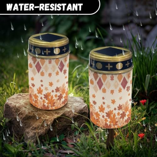 Image of Poceacles Solar Powered Flameless Candle Cemetery Votive Candles Waterproof Outdoor Memorial Solar Stake Lights Home Outdoor Decoration, Fall Maple Leaf Pumpkin Print, Pack of 4