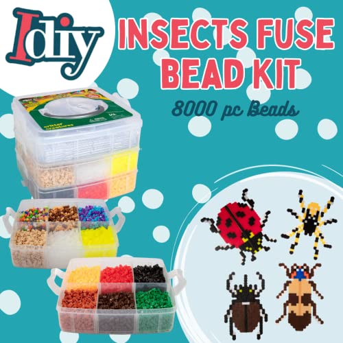 Fuse Beads Super Value Kit- 8000 Beads- Bugs and Insects- Includes 21 Colors, 4 Peg Boards, Tweezers, Ironing Paper & Design templates- DIY Art Craft Project for Kids Vacation, Camp Or Holiday Gift