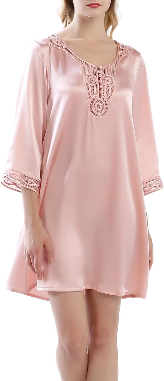 Women's Luxury Silk Sleepwear Hand Crafted ¾ Sleeves 100% Mulberry Silk Nightgown Sleep Dress