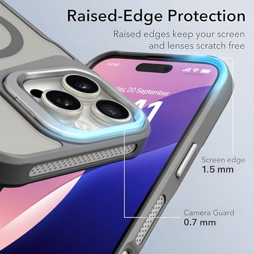 Image of eller sante Roxane Magpro Back Cover Case for iPhone 16 Pro Scratch Resistant Camera Screen Protector TPU Shockproof with Stand Holder Mag-Safe Wireless Charging- Grey
