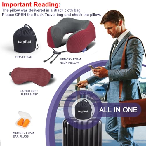 napfun Neck Pillow for Traveling, Upgraded Travel Neck Pillow for Airplane 100% Pure Memory Foam Travel Pillow for Flight Headrest Sleep, Portable Plane Accessories, Wine-Red Set, Medium (120-200LB)