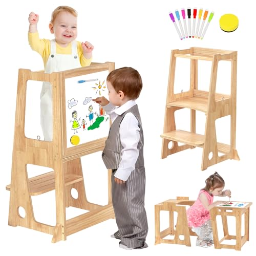 Image of 4 in 1 Kids Toddler Kitchen Stool Helper with Double-Sided Whiteboard, Wooden Toddler Learning Standing Tower, Non-Skid Feet Children Step Stool for Kitchen Counter, Bathroom Sink, Adult Use