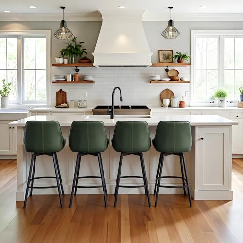 Image of Zesthouse Swivel Counter Height Stools Set of 2, Modern Upholstered Barstools with Backs, 26'' Faux Leather High Chairs for Island Kitchen, Counter Height Chairs with Metal Legs, Green