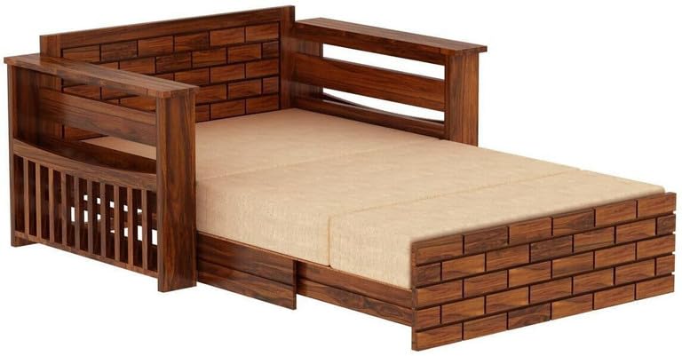 Image of Solid Sheesham Wood Sofa Cum Bed 2 Seater | Wooden Foldable Double Bed for Living Room with Headboard & Storage | Bed Cum Sofa with Mattress for Bedroom Furniture (Honey Finish)