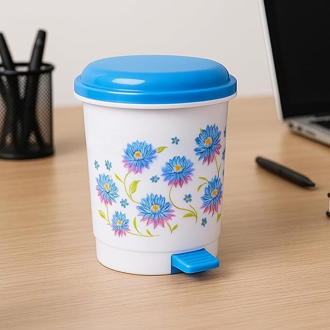 Pedal Dustbin with Lid | 1 Litre Plastic Waste Bin | Blue & White Geometric Print Trash Can | Foot Operated Dustbin for Desk, Office, Bathroom & Bedroom-image-40
