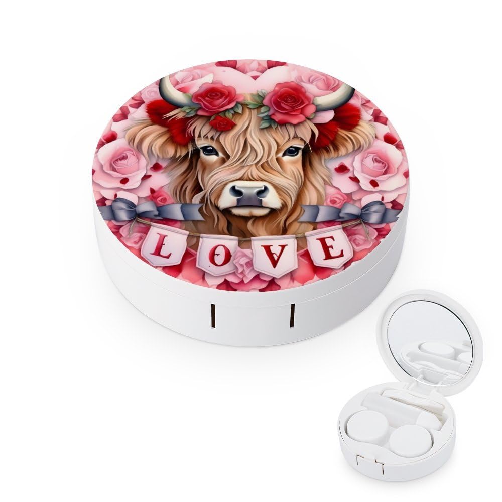 PutDiDi Red Rose Flower Cow Contact Lens Case Colored Contact Lens Box Holder Container with Mirror Portable Travel Kit with Lens Cleaner Solution