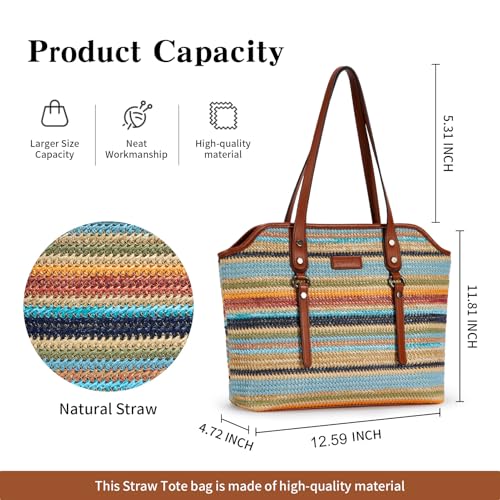 Image of Tote Bag for Women,Large Capacity Straw&Vegan Leather Tote Purses for Women,Shoulder Bags For Daily Travel Work Beach