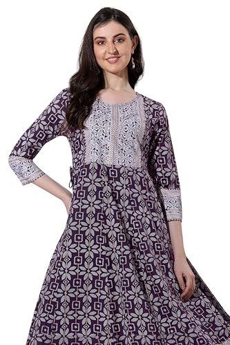 MIRCHI FASHION Women Anarkali Rayon Jaipuri Foil Print and Mirror Work Kurti (K9255 - Wine, White - 4XL)
