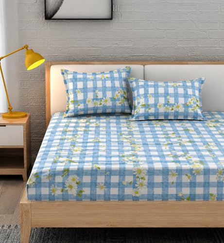 Image of 350 TC Premium Heavy Cotton Feel Elastic Fitted Bedsheet King Size with 2 Pillow Covers | All Around Elastic | Soft & Breathable Double Bed Sheet | (YellowCheck, Fitted - 72 inchx78 inch King)
