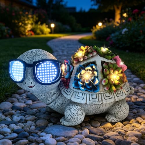 DAZZTIME Statue Tortue Jardin Extérieur Deco Lampes LED Solaire,Statues de Jardin Exterieur,Figurine Tortue Solaire avec LED Succulentes,Figurine Tortue en...