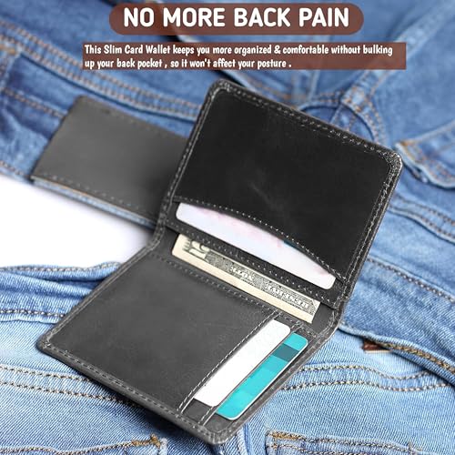 Image of Contacts Genuine Leather Slim Card Wallet for Men | RFID Blocking Minimalist Front Pocket Wallet | Compact Bifold Card Holder with Cash Slot (Black)