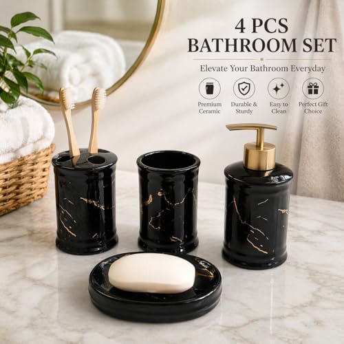 Image of Whizzo Ceramic Bathroom Set - Italian 4 Piece Bath Accessories Set with Soap Dispenser, Toothbrush Holder, Tumbler & Soap Dish - Modern & Designer Decor for Home & Guest Bathrooms (BS-822-BLACK)