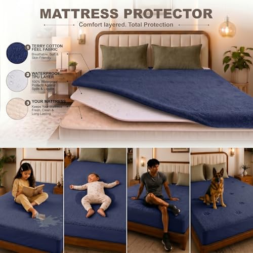 Image of Glassiano Cotton Feel Terry Ultra Soft Waterproof Mattress Protector | Breathable - Hypoallergenic Mattresses Cover with Elastic Strap for Single Bed (78x42 inch|6.5x3.5 feet, Navy Blue - Pack of 1)