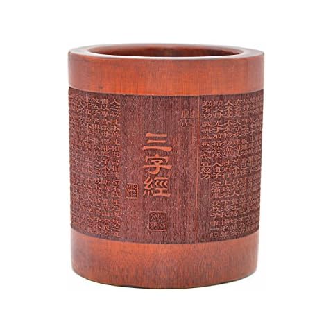 Medifier Vintage Chinese with Three Character Classic Worlds Bamboo Wood Desk Pen Pencil Cup Holder Cover