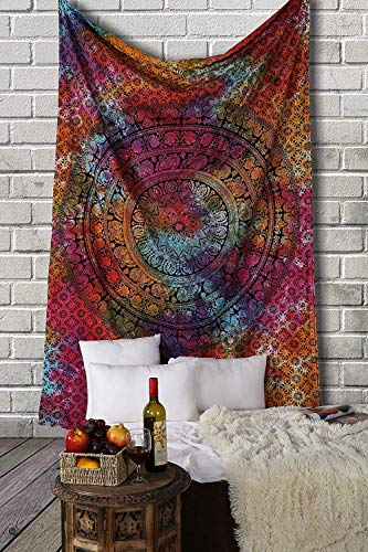 RAJRANG Tapisserie Mandala - Tenture murale tapisserie hippie Bohème, couvre-lit couvre-lit, décoration ethnique - multicolore - 152 x 127 cm.