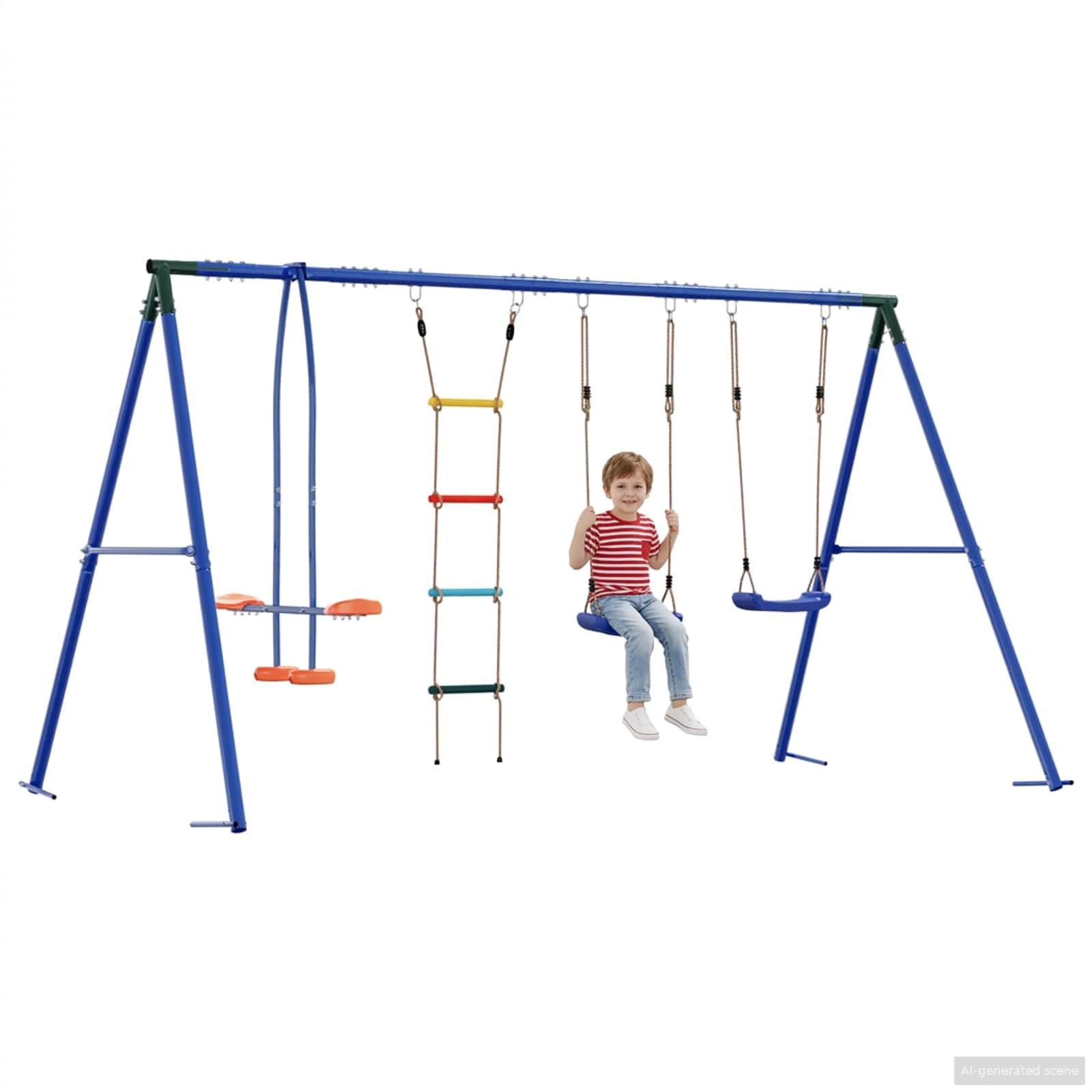 Mehrfarbiges Outdoor Schaukelset 330 x 185 x 185 cm Stahl PE Spielplatz für Kinder ab 3 Jahren mit höhenverstellbarem Sitz wetterfestem Rahmen und Zubehör