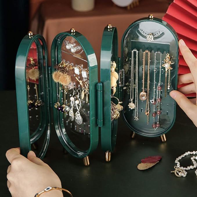 black sparrow Foldable Jewelry Boxes for Women, ABS+PS Jewelry Organizers with Mirror, Dust-proof earring organizer with 4-row Display Rack, Jewelry Storage for Necklaces Earrings Rings Bracelets