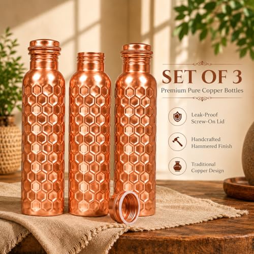 Image of 100% Pure Copper Water bottle 32 Oz with Cleaning brush, Diamond Design