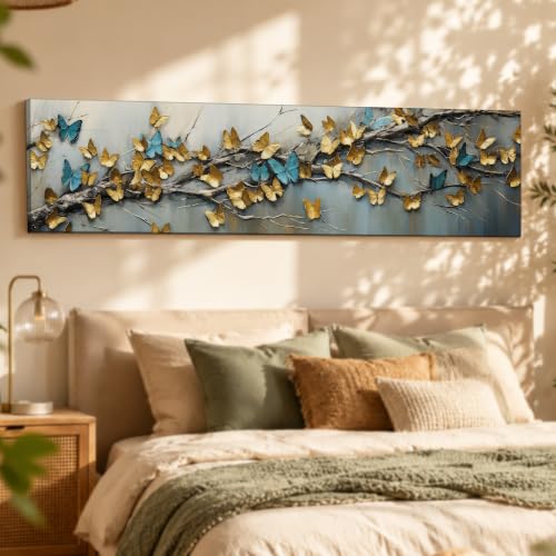 Image of Large Stretched Canvas Painting, Panel Wall Painting Blue and yellow Butterfly Luxury Paintings for Home Decoration, Living room, Bedroom and Office Decor - Gold, 12x46 Inch