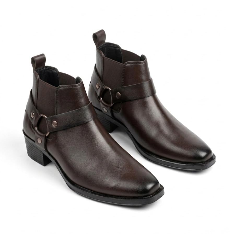 viblush Men's/Womens Leather Ankle Boots with Low Heel Booties with Buckle Strap Lightweight Comfortable Trendy Outdoor Casual Shoes Slip On Chelsea Boots High Tops, Soft Cushioned Insole Trendy Stylish Boots For Party Travel Office Unisex-picture-35