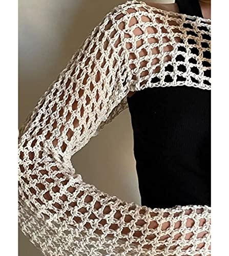 Women's Knit Crochet Crop Tops Long Sleeve Beach Cover Ups Hollow Out Off-Shoulder Y2K Pullover Fishnet T-Shirt2