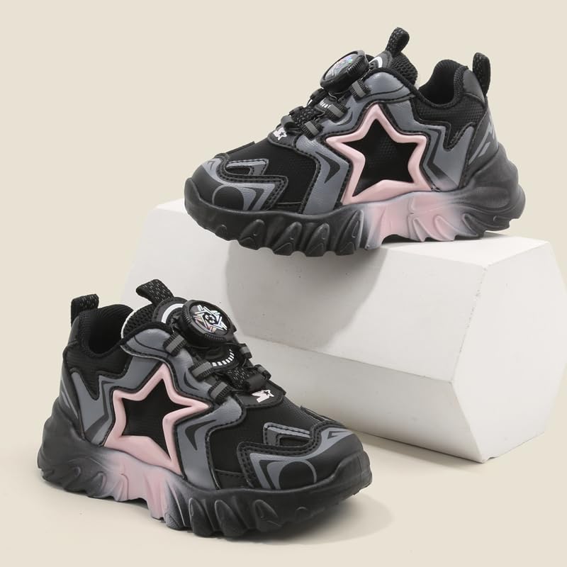 Kids Athletic Sneakers with Star Design, Black and Green2