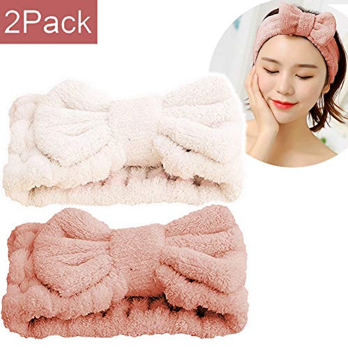 SweetCat Microfiber Bowtie Headbands, Extrame Soft & Ultra Absorbent, Comfort to Makeup Wash Spa Yoga Shower Facial Hair Band for Girls and Women (Coral Pink+White)