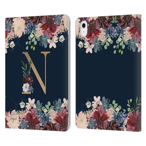 Coque iPad Air 2022 étui portefeuille en cuir bleu marine à motif floral lettre N