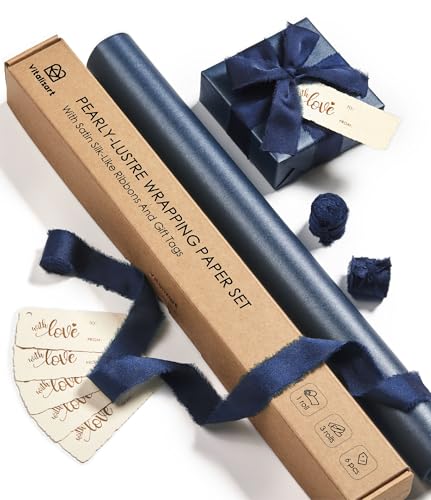 Vitalizart Blue Wrapping Paper Set 17" Pearly-Lustre With Silk Like Satin Ribbon & Gift Tags Recyclable Christmas Gift Wrapping Birthday Baby Shower Wedding Handmade Crafts 197"(16.4 Ft)