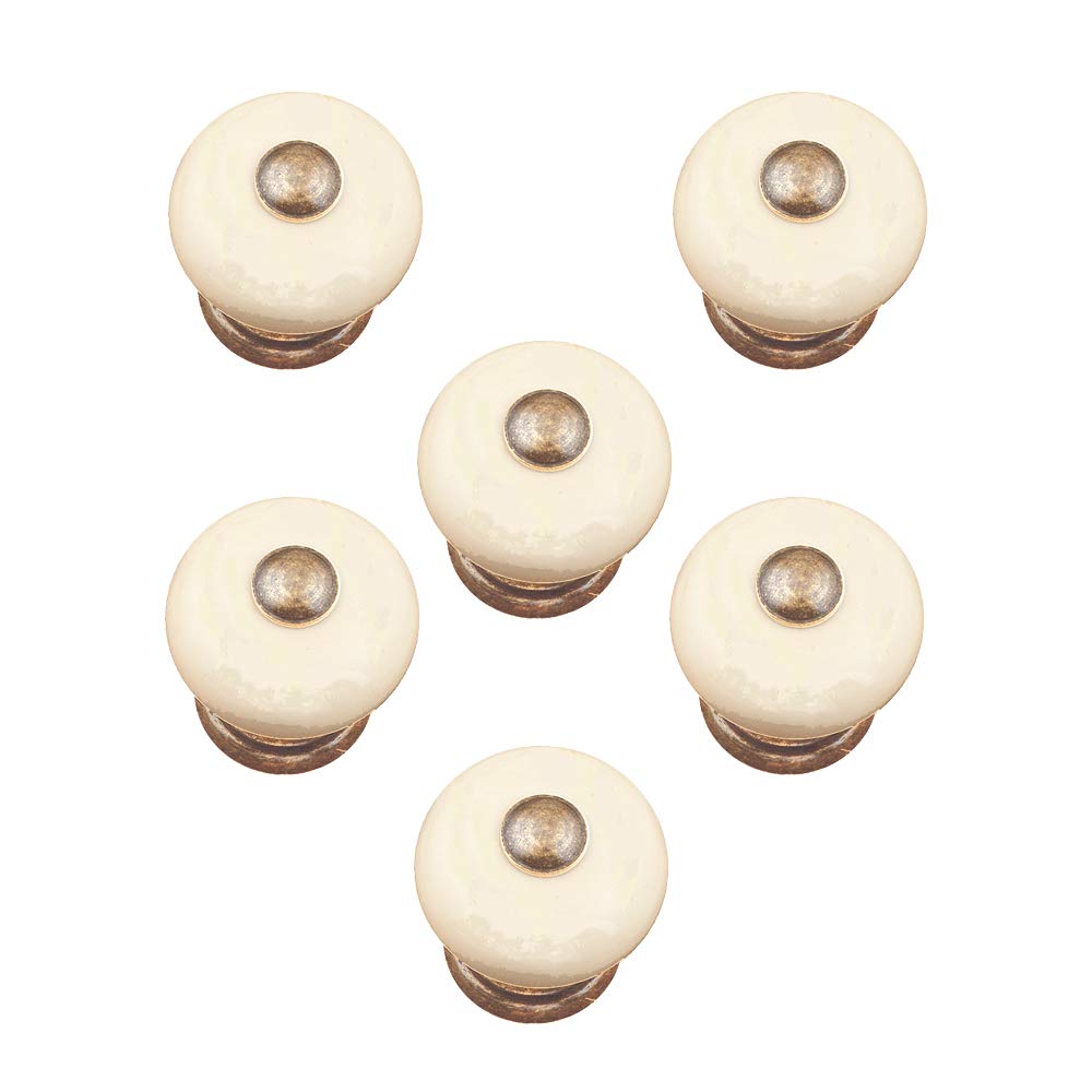 6 Un. TIRADOR Pomo Mueble Porcelana crema con herraje latón - Diámetro 35MM