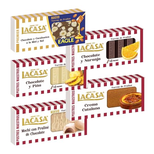 Pack Surtido 5 Turrones Lacasa:Chocolate y Naranja, Cacao y Piña, Crema Catalana, Mochi con Praliné de Chocolate,Cacahuete Eagle