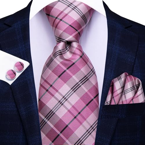 Image of Hi-Tie Mens Plaid Ties Classic Paisley Necktie with Handkerchief Cufflinks Set Business Stripe Tie