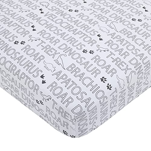 Image of NoJo Baby-Saurus 100% Cotton Gray and White Super Soft Word Print Fitted Crib Sheet