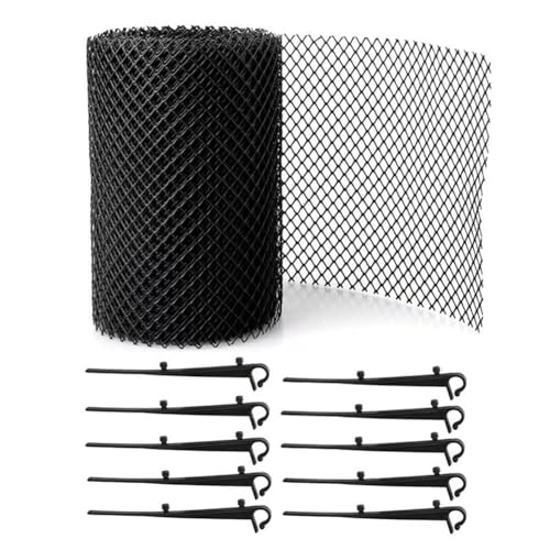 Whychstore Rollo de malla de 6 m x 15 cm, plástico PP, red de filtro de hojas resistente a la intemperie con 10 picos de tierra, protección antiobstrucción para aleros estándar y desagües de balcón