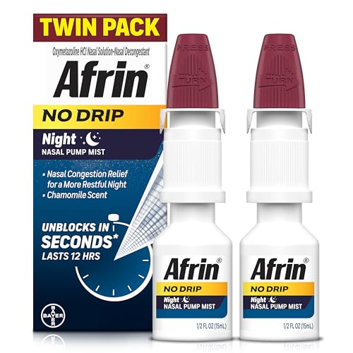 Afrin No Drip Night Nasal Mist Twin Pack Non-Drowsy Fast-Acting Decongestant for Restful Sleep with Chamomile Scent Adults and Children 6 and Older .5 fl oz (Pack of 2)