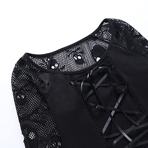 Skull tees for Women,Womens Gothic Crop Tops Mesh Short Sleeve Punk Alt Shirt Grunge Harajuku Emo Tops with Bandage-Halloween Shirt - Image 5