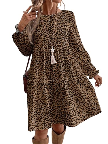 SweatyRocks Leo Kleid Damen Große Größen Winterkleider Langarm Kleid Mit Leoprint Blusenkleid Elegant Shirtkleid Herbst Midikleid Leoparden 2XL