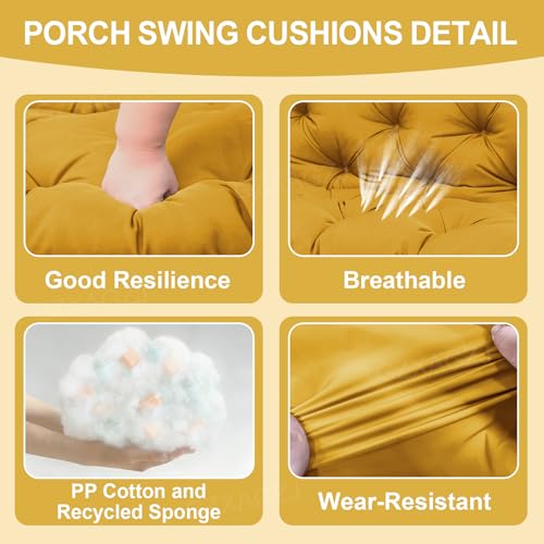 Image of Porch Swing Cushions Outdoor 48x40 inch Waterproof Thicken 5 inch Outdoor Swing Replacement Cushions with Backrest and Ties Patio Swing Cushion for Outdoor Furniture Backyard Bench Garden(Yellow)