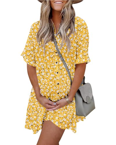Image of PYGFEMR Women's Short Sleeve Babydoll Dress Button Down Dresses with Pockets